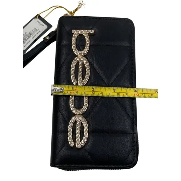Bebe Black Quilted Wristlet Wallet With Gold Rhinestone Logo Zip Closure & Strap - Picture 10 of 11